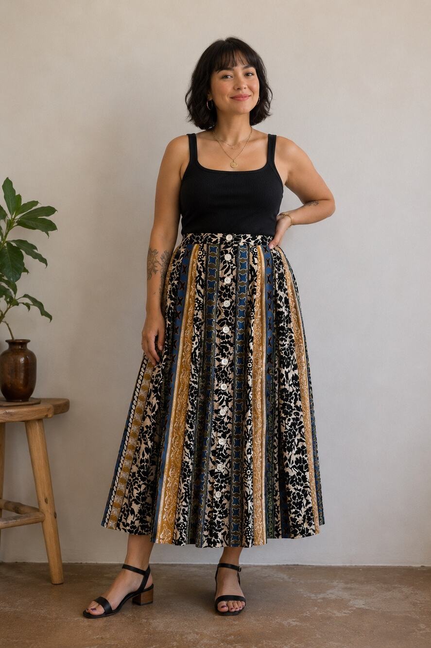 VTG 90s Kathie Lee Mother of Pearl Button Maxi Skirt 20W Art Teacher Cottagecore